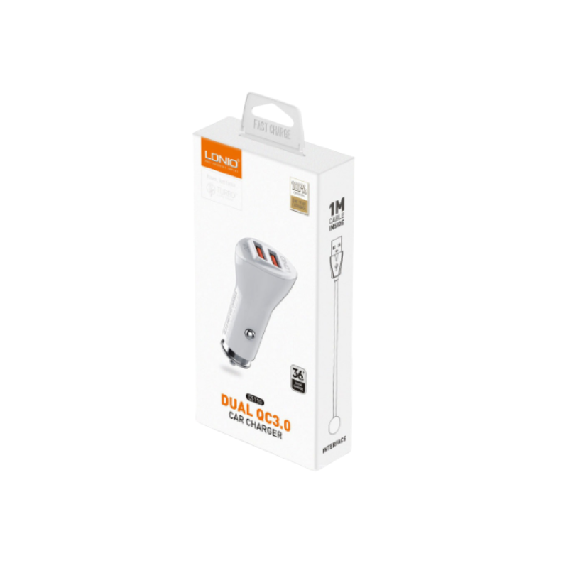 C511Q USB/C - Kit Chargeur Allume Cigare Dual QC 3.0 36W (Avec Cable USB C) Blanc