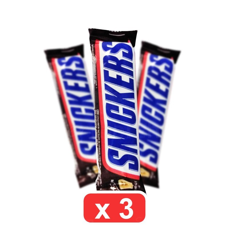 Pack de 3 Chocolat Snickers 50g | Chocolat au lait fourré de caramel et cacahuètes grillées